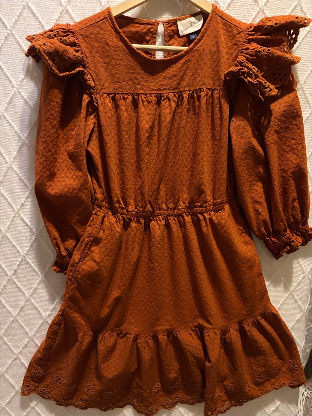 Universal Thread Women's Puff Long-Sleeve Eyelet Dress Rust